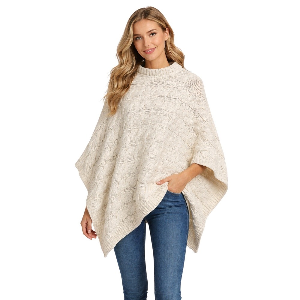 Cocogio Womens Cream Cable Knit Poncho‎ Sweater Made in Italy Wool Blend OSFA